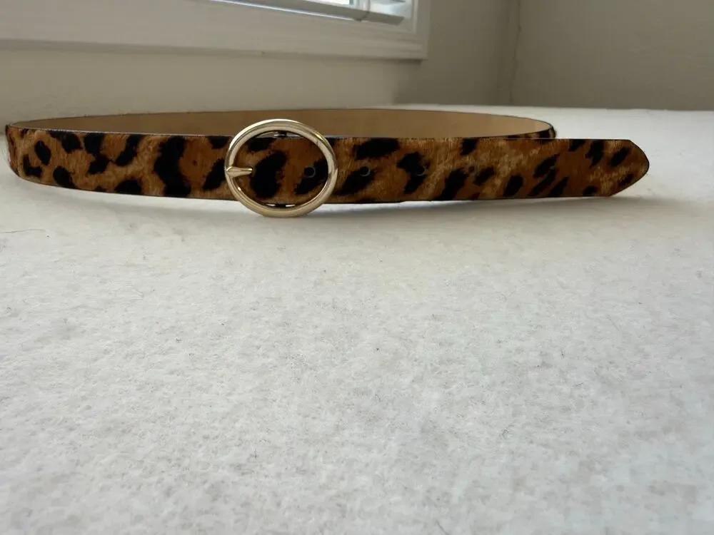 Talbots Leopard Print Calf Hair Belt Size L Gold Round Buckle Genuine Leather
